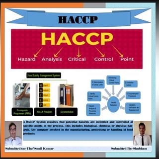 Submitted to:- Chef Sunil Kumar Submitted By:-Shubham
HACCP
A HACCP System requires that potential hazards are identified and controlled at
specific points in the process. This includes biological, chemical or physical haz-
ards. Any company involved in the manufacturing, processing or handling of food
products
 