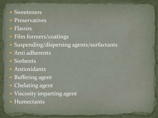  Sweeteners
 Preservatives
 Flavors
 Film formers/coatings
 Suspending/dispersing agents/surfactants
 Anti adherents
 Sorbents
 Antioxidants
 Buffering agent
 Chelating agent
 Viscosity imparting agent
 Humectants
 