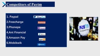 Competitors of Paytm
1. Paypal
2.Freecharge
3.Phonepe
4.Ant Financial
5.Amazon Pay
6.Mobikwik
 