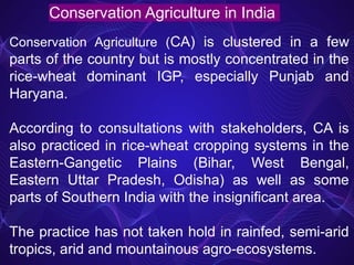 Conservation Agriculture in India
Conservation Agriculture (CA) is clustered in a few
parts of the country but is mostly concentrated in the
rice-wheat dominant IGP, especially Punjab and
Haryana.
According to consultations with stakeholders, CA is
also practiced in rice-wheat cropping systems in the
Eastern-Gangetic Plains (Bihar, West Bengal,
Eastern Uttar Pradesh, Odisha) as well as some
parts of Southern India with the insignificant area.
The practice has not taken hold in rainfed, semi-arid
tropics, arid and mountainous agro-ecosystems.
 