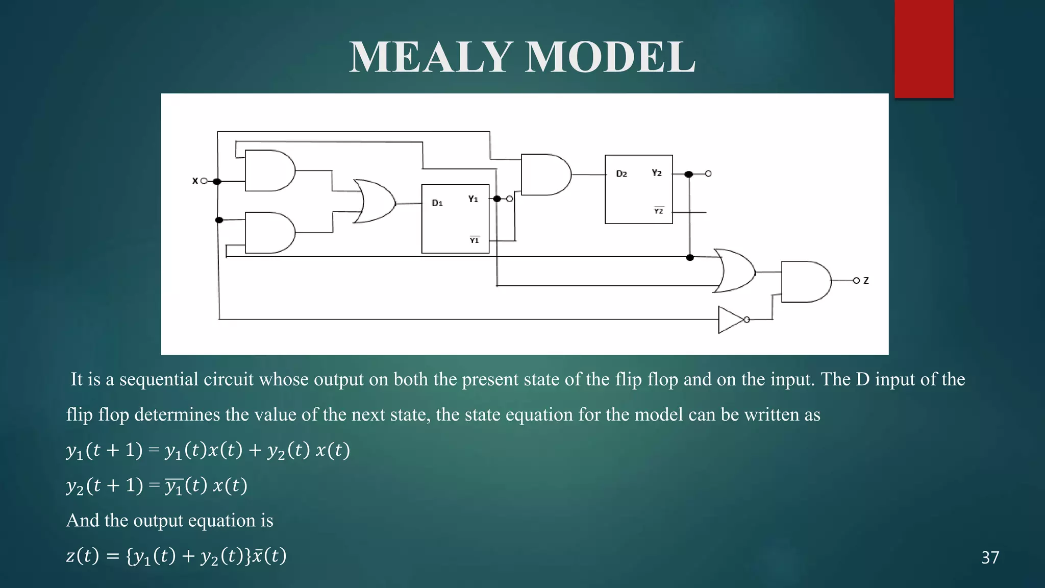 MEALY MODEL
It is a sequential circuit whose output on both the present state of the flip flop and on the input. The D input of the
flip flop determines the value of the next state, the state equation for the model can be written as
𝑦1(𝑡 + 1) = 𝑦1 𝑡 𝑥 𝑡 + 𝑦2 𝑡 𝑥(𝑡)
𝑦2(𝑡 + 1) = 𝑦1 𝑡 𝑥(𝑡)
And the output equation is
𝑧 𝑡 = {𝑦1 𝑡 + 𝑦2 𝑡 } 𝑥 𝑡 37
 