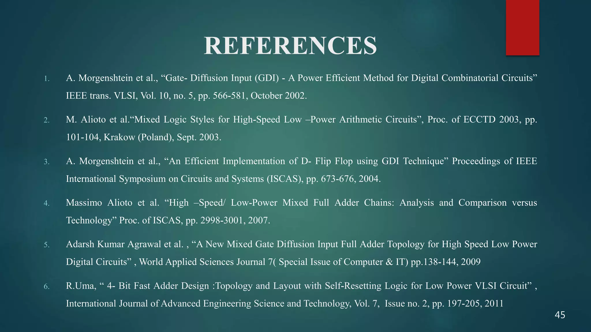 REFERENCES
1. A. Morgenshtein et al., “Gate- Diffusion Input (GDI) - A Power Efficient Method for Digital Combinatorial Circuits”
IEEE trans. VLSI, Vol. 10, no. 5, pp. 566-581, October 2002.
2. M. Alioto et al.“Mixed Logic Styles for High-Speed Low –Power Arithmetic Circuits”, Proc. of ECCTD 2003, pp.
101-104, Krakow (Poland), Sept. 2003.
3. A. Morgenshtein et al., “An Efficient Implementation of D- Flip Flop using GDI Technique” Proceedings of IEEE
International Symposium on Circuits and Systems (ISCAS), pp. 673-676, 2004.
4. Massimo Alioto et al. “High –Speed/ Low-Power Mixed Full Adder Chains: Analysis and Comparison versus
Technology” Proc. of ISCAS, pp. 2998-3001, 2007.
5. Adarsh Kumar Agrawal et al. , “A New Mixed Gate Diffusion Input Full Adder Topology for High Speed Low Power
Digital Circuits” , World Applied Sciences Journal 7( Special Issue of Computer & IT) pp.138-144, 2009
6. R.Uma, “ 4- Bit Fast Adder Design :Topology and Layout with Self-Resetting Logic for Low Power VLSI Circuit” ,
International Journal of Advanced Engineering Science and Technology, Vol. 7, Issue no. 2, pp. 197-205, 2011
45
 