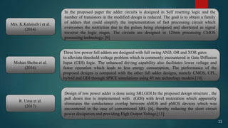 Three low power full adders are designed with full swing AND, OR and XOR gates
to alleviate threshold voltage problem which is commonly encountered in Gate Diffusion
Input (GDI) logic. The enhanced driving capability also facilitates lower voltage and
faster operation which leads to less energy consumption. The performance of the
proposed designs is compared with the other full adder designs, namely CMOS, CPL,
hybrid and GDI through SPICE simulations using 45 nm technology models.[10]
Mrs. K.Kalaiselvi et al.
(2014)
Mohan Shoba et al.
(2016)
In the proposed paper the adder circuits is designed in Self resetting logic and the
number of transistors in the modified design is reduced. The goal is to obtain a family
of adders that could simplify the implementation of fast processing circuit which
overcomes the restriction due to the pulses being elongated and shortened as signal
traverse the logic stages. The circuits are designed in 120nm processing CMOS
processing technology. [9]
R. Uma et al.
(2017)
Design of low power adder is done using SRLGDI.In the proposed design structure , the
pull down tree is implemented with (GDI) with level restoration which apparently
eliminates the conductance overlap between nMOS and pMOS devices which was
encountered in the case of conventional SRL [6], thereby reducing the short circuit
power dissipation and providing High Output Voltage.[11]
11
 