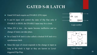 GATED S-R LATCH
 Gated S-R latch require an ENABLE (EN) input.
 S and R input will control the state of flip flop only if
ENABLE is HIGH, the ENABLE input may be a clock.
 When EN is low , the inputs become ineffective and no
change of states can take place.
 So a Gated S-R latch is also called a clocked S-R latch or a
synchronous latch.
 Since this type of circuit responds to the change in input as
long as the clock is high so they are known as Level-
triggered Flip-Flop.
S-R
Q
QBAR
S
R
EN
Logic symbol
Logic diagram
26
 