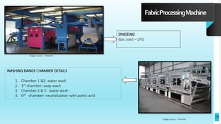 FabricProcessingMachine
SINGEING
Gas used – LPG
WASHING RANGE CHAMBER DETAILS
1. Chamber 1 &2: water wash
2. 3rd chamber: soap wash
3. Chamber 4 & 5 : water wash
4. 6th chamber: neutralization with acetic acid
Image source – Internet
Image source – Internet
19
 