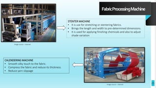 FabricProcessingMachine
CALENDERING MACHINE
• Smooth silky touch to the fabric.
• Compress the fabric and reduce its thickness.
• Reduce yarn slippage
STENTER MACHINE
• It is use for stretching or stentering fabrics.
• Brings the length and width to pre-determined dimensions.
• It is used for applying finishing chemicals and also to adjust
shade variation
Image source – Internet
Image source – Internet
21
 