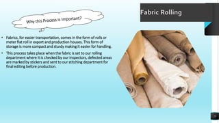 • Fabrics, for easier transportation, comes in the form of rolls or
meter flat roll in export and production houses. This form of
storage is more compact and sturdy making it easier for handling.
• This process takes place when the fabric is set to our rolling
department where it is checked by our inspectors, defected areas
are marked by stickers and sent to our stitching department for
final editing before production.
23
Fabric Rolling
 