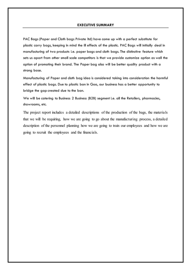 business plan paper and cloth bags manufacturing (PAC BAGS) PDF