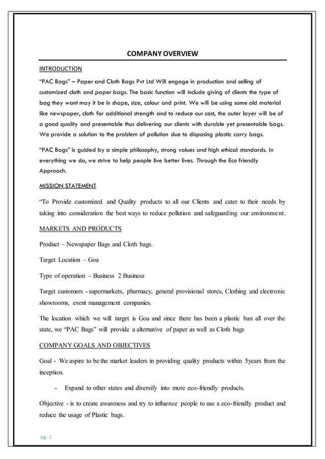 business plan paper and cloth bags manufacturing (PAC BAGS) PDF