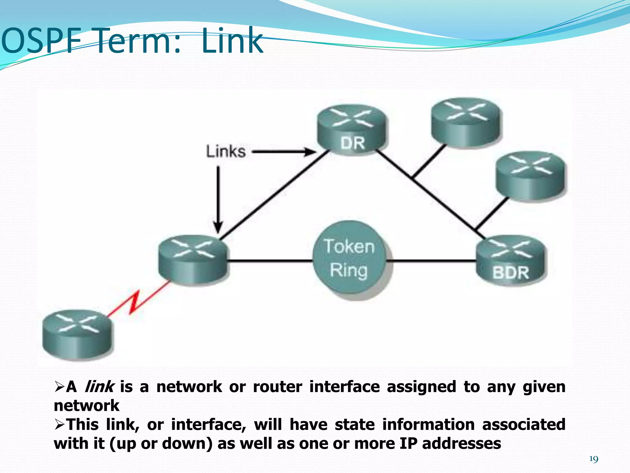 OSPF Term: Link

A link is a network or router interface assigned to any given
network
This link, or interface, will have state information associated
with it (up or down) as well as one or more IP addresses
19

 
