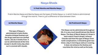 5. Prati Marsha and Marsha Nasya
Nasya Bheda
(b) Pratimarsh Nasya
(a) Marsha Nasya
Pratim Marsha Nasya and Marsha Nasya are the types of Sneha Nasya i.e. in which Sneha is administered
through the nostrils. There is just a difference of dose between them.
This type of Nasya is
administered in bahu Dosha
Avastha (vitiated Doshas) and
the drugs used here are clarfied
butter, oils etc in Sneha from. It
can be administered all the time
except in durdin (rainy day when
sun is covered with clouds).
This Nasya can be administered throughout
life. It is very much beneficial just like Marsh
Nasya. The dose of Marsh Nasya is 2 drops in
each nostril (Total 4 drops). Acharya
Charaka said that this type of Nasya never
build complications. It should be given two
times a day in morning as well as in evening.
It does not enhance the Doshas and
nourishes the mind as well as the body.
 