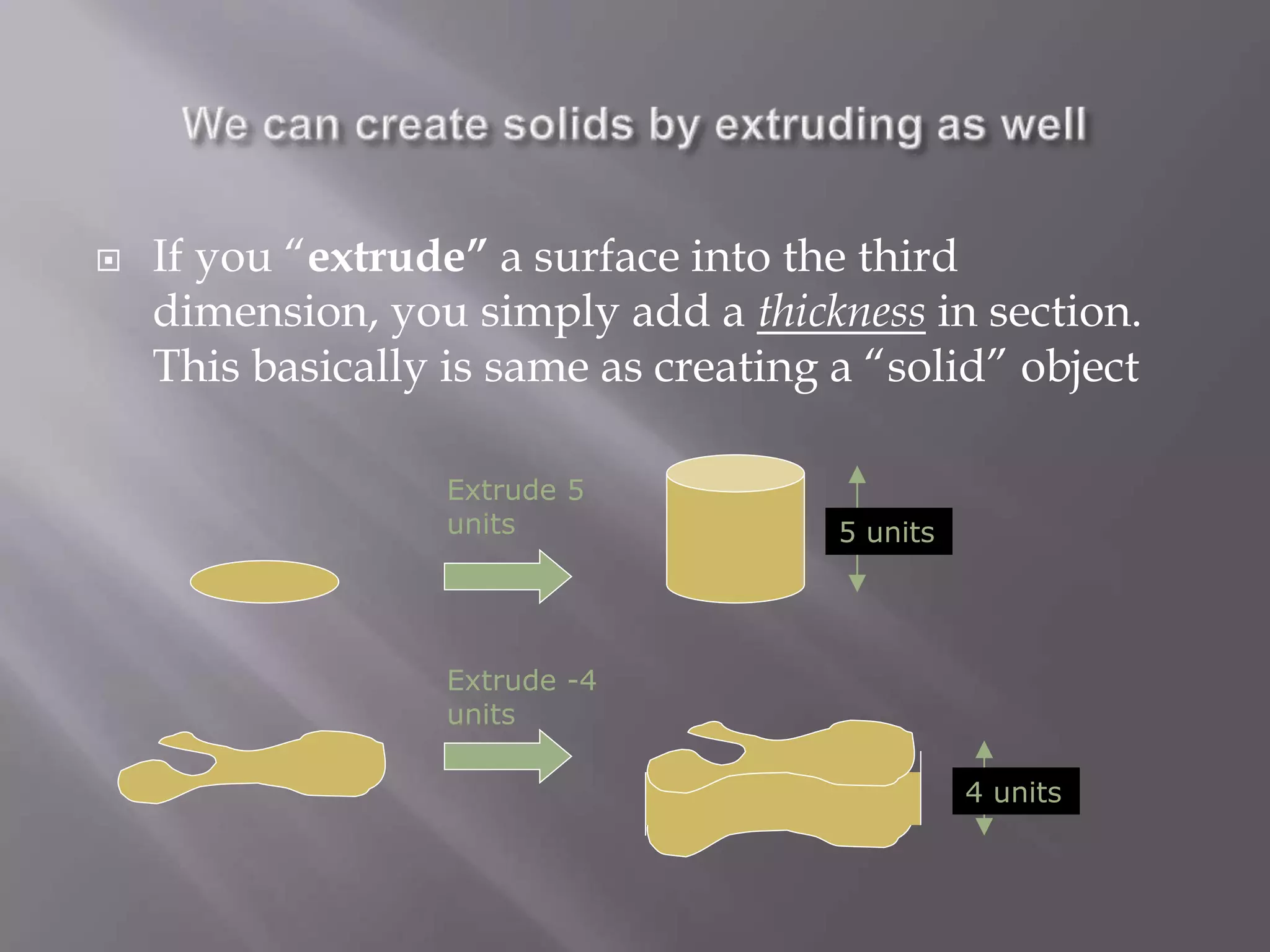  If you “extrude” a surface into the third
dimension, you simply add a thickness in section.
This basically is same as creating a “solid” object
Extrude 5
units 5 units
Extrude -4
units
4 units
 