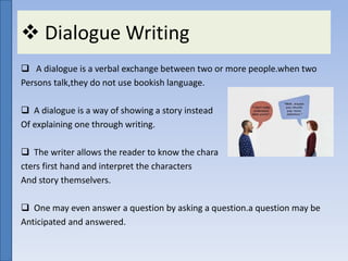  Dialogue Writing
 A dialogue is a verbal exchange between two or more people.when two
Persons talk,they do not use bookish language.
 A dialogue is a way of showing a story instead
Of explaining one through writing.
 The writer allows the reader to know the chara
cters first hand and interpret the characters
And story themselvers.
 One may even answer a question by asking a question.a question may be
Anticipated and answered.
 