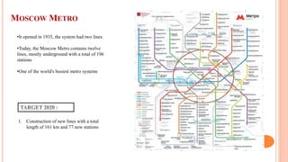 MOSCOW METRO
1. Construction of new lines with a total
length of 161 km and 77 new stations
•It opened in 1935, the system had two lines.
•Today, the Moscow Metro contains twelve
lines, mostly underground with a total of 196
stations
•One of the world's busiest metro systems
 