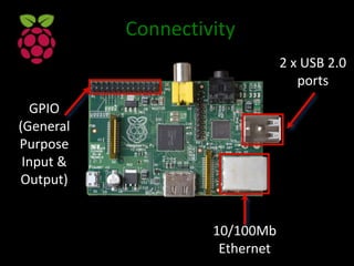 GPIO
(General
Purpose
Input &
Output)
10/100Mb
Ethernet
2 x USB 2.0
ports
Connectivity
 