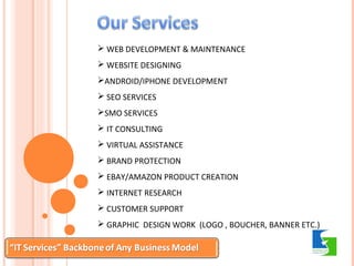  WEB DEVELOPMENT & MAINTENANCE 
 WEBSITE DESIGNING 
ANDROID/IPHONE DEVELOPMENT 
 SEO SERVICES 
SMO SERVICES 
 IT CONSULTING 
 VIRTUAL ASSISTANCE 
 BRAND PROTECTION 
 EBAY/AMAZON PRODUCT CREATION 
 INTERNET RESEARCH 
 CUSTOMER SUPPORT 
 GRAPHIC DESIGN WORK (LOGO , BOUCHER, BANNER ETC.) 
 