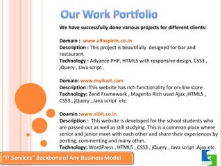 We have successfully done various projects for different clients: 
Domain : www.alfaspirits.co.in 
Description : This project is beautifully designed for bar and 
restaurant. 
Technology : Advance PHP, HTML5 with responsive design, CSS3 , 
jQuery , Java script . 
Domain: www.myikart.com 
Description :This website has rich functionality for on-line store . 
Technology: Zend Framework , Magento Rich used Ajax ,HTML5 , 
CSS3 , jQuery , Java script etc. 
Doamin :www.sibit.co.in 
Description : This website is developed for the school students who 
are passed out as well as still studying. This is a common place where 
senior and junior meet with each other and share their experiences by 
posting, commenting and many other. 
Technology: WordPress , HTML5 , CSS3 , jQuery , Java script ,Ajax etc. 
 