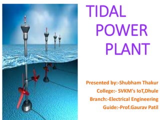 TIDAL
POWER
PLANT
Presented by:-Shubham Thakur
College:- SVKM's IoT,Dhule
Branch:-Electrical Engineering
Guide:-Prof.Gaurav Patil