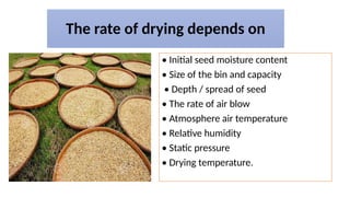 The rate of drying depends on
• Initial seed moisture content
• Size of the bin and capacity
• Depth / spread of seed
• The rate of air blow
• Atmosphere air temperature
• Relative humidity
• Static pressure
• Drying temperature.
 