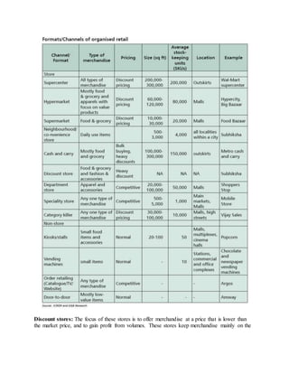 Discount stores: The focus of these stores is to offer merchandise at a price that is lower than
the market price, and to gain profit from volumes. These stores keep merchandise mainly on the
 