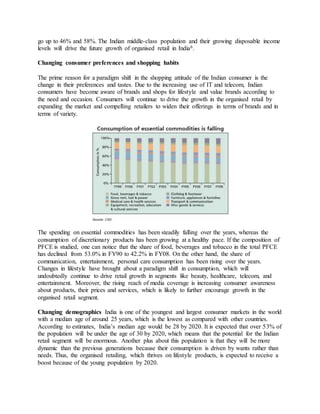 go up to 46% and 58%. The Indian middle-class population and their growing disposable income
levels will drive the future growth of organised retail in India6.
Changing consumer preferences and shopping habits
The prime reason for a paradigm shift in the shopping attitude of the Indian consumer is the
change in their preferences and tastes. Due to the increasing use of IT and telecom, Indian
consumers have become aware of brands and shops for lifestyle and value brands according to
the need and occasion. Consumers will continue to drive the growth in the organised retail by
expanding the market and compelling retailers to widen their offerings in terms of brands and in
terms of variety.
The spending on essential commodities has been steadily falling over the years, whereas the
consumption of discretionary products has been growing at a healthy pace. If the composition of
PFCE is studied, one can notice that the share of food, beverages and tobacco in the total PFCE
has declined from 53.0% in FY90 to 42.2% in FY08. On the other hand, the share of
communication, entertainment, personal care consumption has been rising over the years.
Changes in lifestyle have brought about a paradigm shift in consumption, which will
undoubtedly continue to drive retail growth in segments like beauty, healthcare, telecom, and
entertainment. Moreover, the rising reach of media coverage is increasing consumer awareness
about products, their prices and services, which is likely to further encourage growth in the
organised retail segment.
Changing demographics India is one of the youngest and largest consumer markets in the world
with a median age of around 25 years, which is the lowest as compared with other countries.
According to estimates, India’s median age would be 28 by 2020. It is expected that over 53% of
the population will be under the age of 30 by 2020, which means that the potential for the Indian
retail segment will be enormous. Another plus about this population is that they will be more
dynamic than the previous generations because their consumption is driven by wants rather than
needs. Thus, the organised retailing, which thrives on lifestyle products, is expected to receive a
boost because of the young population by 2020.
 
