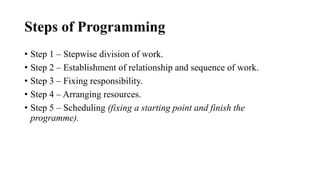 Steps of Programming
• Step 1 – Stepwise division of work.
• Step 2 – Establishment of relationship and sequence of work.
• Step 3 – Fixing responsibility.
• Step 4 – Arranging resources.
• Step 5 – Scheduling (fixing a starting point and finish the
programme).
 