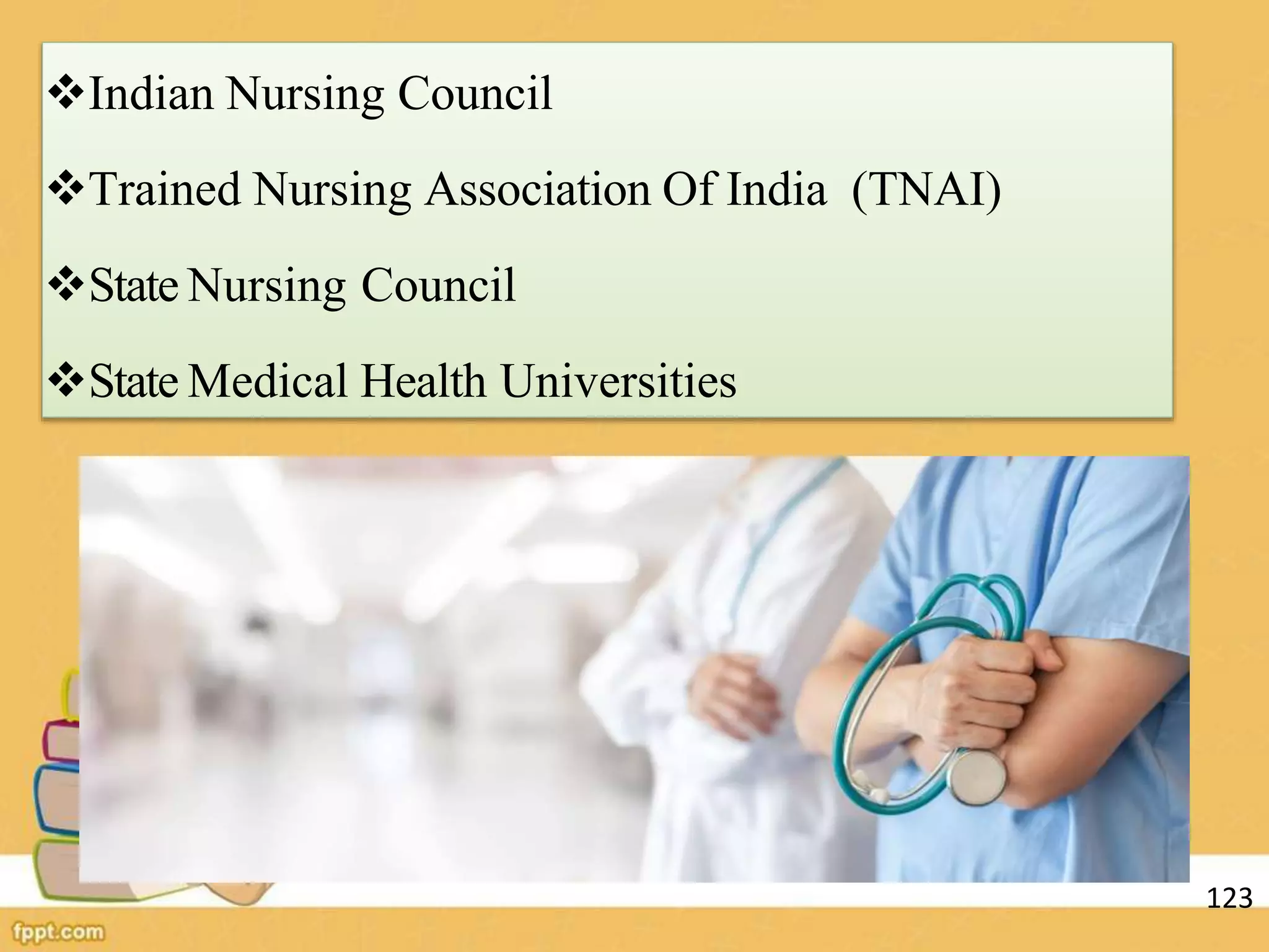 Indian Nursing Council
Trained Nursing Association Of India (TNAI)
State Nursing Council
State Medical Health Universities
123
 
