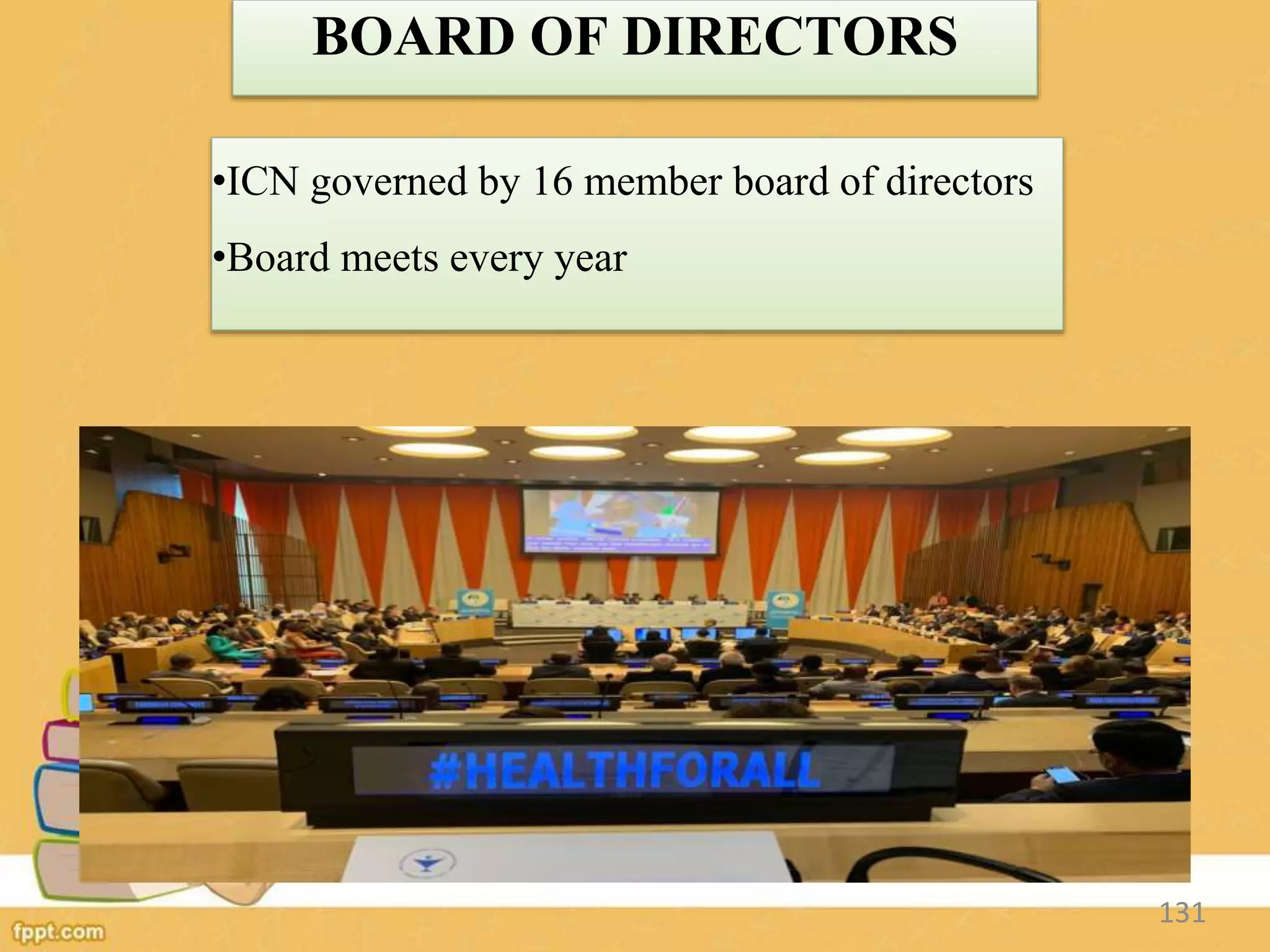 BOARD OF DIRECTORS
•ICN governed by 16 member board of directors
•Board meets every year
131
 