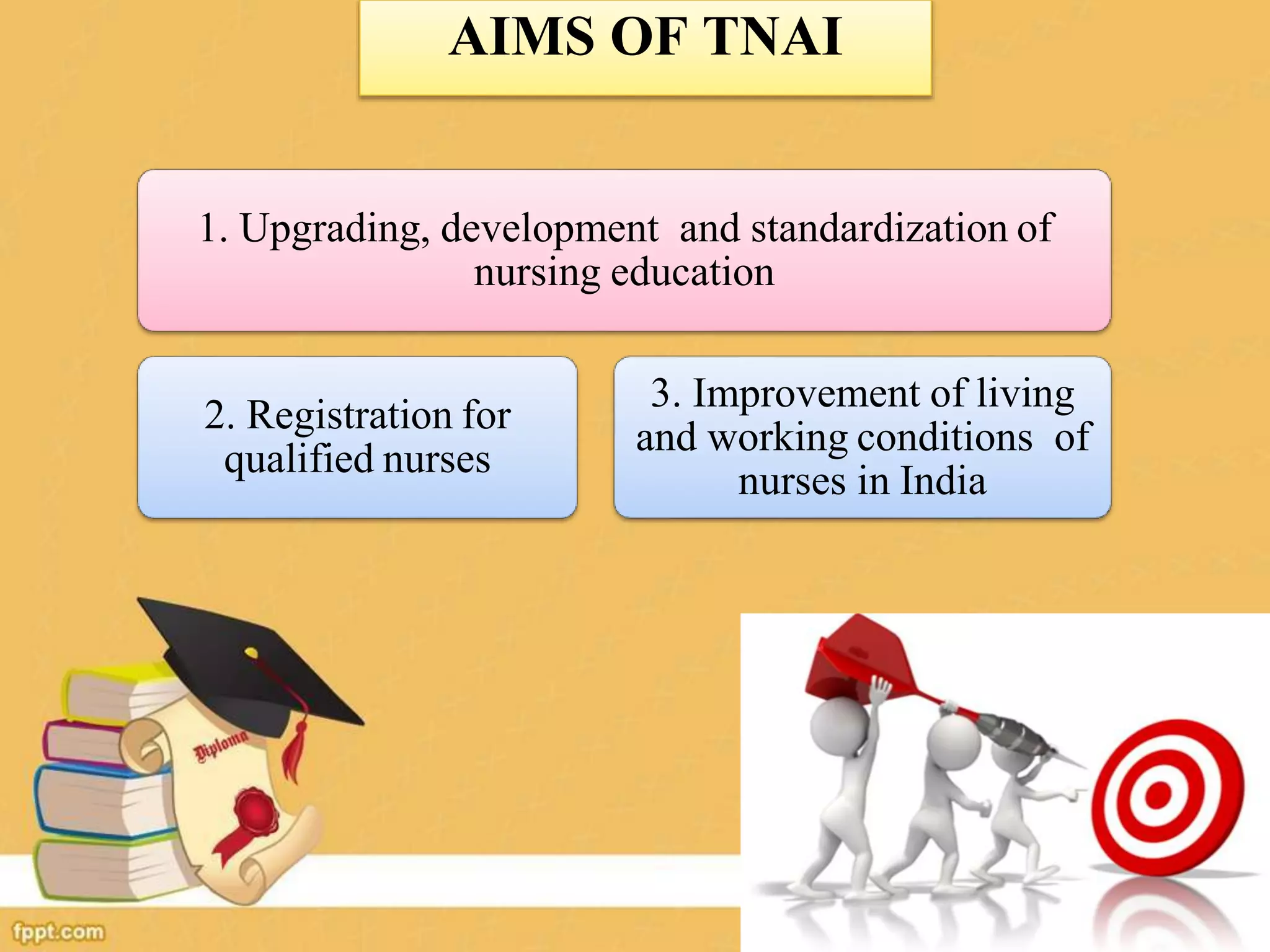 AIMS OF TNAI
1. Upgrading, development and standardization of
nursing education
2. Registration for
qualified nurses
3. Improvement of living
and working conditions of
nurses in India
 