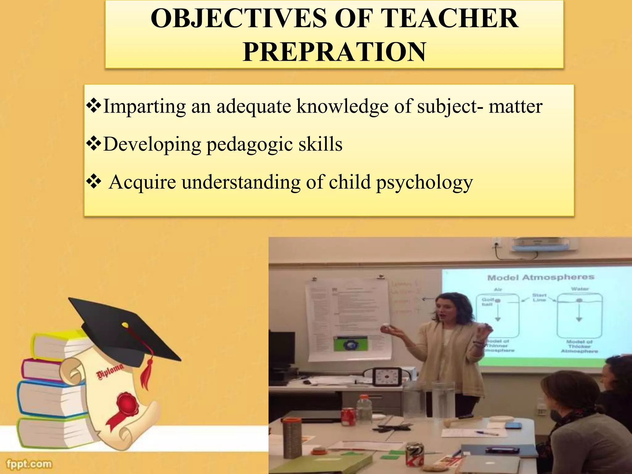 OBJECTIVES OF TEACHER
PREPRATION
Imparting an adequate knowledge of subject- matter
Developing pedagogic skills
 Acquire understanding of child psychology
 
