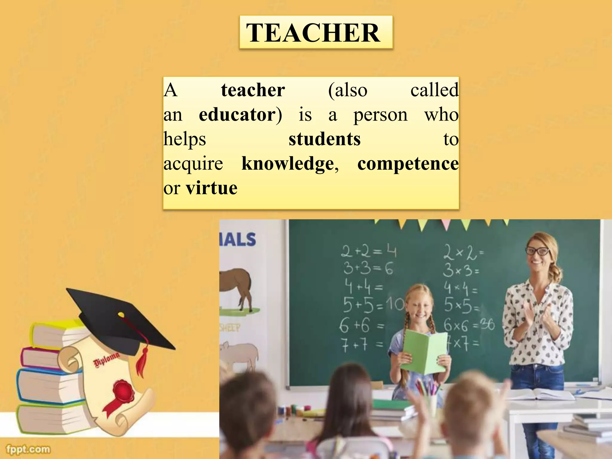 TEACHER
A teacher (also called
an educator) is a person who
helps students to
acquire knowledge, competence
or virtue
 