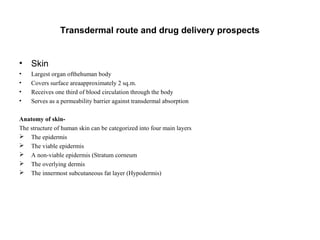 Transdermal route and drug delivery prospects
• Skin
• Largest organ ofthehuman body
• Covers surface areaapproximately 2 sq.m.
• Receives one third of blood circulation through the body
• Serves as a permeability barrier against transdermal absorption
Anatomy of skin-
The structure of human skin can be categorized into four main layers
 The epidermis
 The viable epidermis
 A non-viable epidermis (Stratum corneum
 The overlying dermis
 The innermost subcutaneous fat layer (Hypodermis)
 