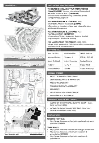 INFOGRAPHICS       PROFESSIONAL WORK EXPERIENCE
                   THE DEUTSCHE GESELLSCHAFT F?R INTERNATIONALE
                   ZUSAMMENARBEIT (German International Cooperation)
                   NATIONAL INTERN at APIIC : [3 MONTHS]
                   ? Industrial Site Master Planning, Allotment & Waste
                   Management Development

                   PRASHANT DESHMUKH & ASSOCIATES, Pune
                   ARCHITECT & PROJECT MANAGER : [1 YEAR]
                   ? Conception to execution of large scale industrial projects
                   with Project Management
                   PRASHANT DESHMUKH & ASSOCIATES, Pune
                   TRAINEE ARCHITECT : [6 MONTHS]
                   ? Preparation of Project Assessment Reports, Detailed
                   Progress Reports & Industrial detailing
                   FREE LANCING / PART TIME PROJECTS (2006-2009) :
                   ? Single family residences in Pune, Landscaping, Interior design
                   for institutions & private residences
                   SOFTWARE SKILLS
                   Auto Cad 2011         3DS Studio Max         Sketch Up 8 Pro

                   Microsoft Project     Primavera 6            ESRI Arc G.I.S. 10

                   Mech. Desktop 6       System Dynamics        Rockwell Arena

                   Turbo C++             Fox Pro 7              Oracle DBMS

                   Microsoft Office      Corel X3               Adobe Photoshop

                   AREAS OF INTEREST
               ?      PROJECT PLANNING & DEVELOPMENT
               ?      DESIGN DEVELOPMENT & INNOVATION
               ?      PROJECT MANAGEMENT
               ?      FINANCIAL FEASIBILITY ASSESSMENT
               ?      REAL ESTATE
               ?      INDUSTRIAL DESIGN & DEVELOPMENT
               ?      ENVIRONMENTAL ASSESSMENT

                   TRAININGS/ WORKSHOPS ATTENDED
               ?      WORKSHOP ON SUSTAINABLE BUILDING DESIGN : NIASA
                      PUNE (OCTOBER 2008)
               ?      WORKSHOP ON EARTHQUAKE RESISTANT STRUCTURES
                      DESIGN : IIT BOMBAY (JUNE 2009)

                   RELEVANT LINKS

               ACADEMIC PORTFOLIO:
               ? http://www.slideshare.net/arshubhraneel/academic-work-
                  portfolio-10548404

               OTHER WORKS:
               ? http://www.slideshare.net/arshubhraneel/giz-presentation
               ? http://www.slideshare.net/arshubhraneel/sem-1-
                  presentation-10545623
               ? http://www.slideshare.net/arshubhraneel/sem-2-
                  presentation
 