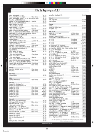 C      M   Y   CM   MY   CY CMY    K




                                                                                               Kits de Reparo para T.B.I
                                    Corsa, Sedan, Wagon, 1.0 16V                                            SK 576    Twingo Sist. Mag. Marelli SPI                                                SK 545
                                    Corsa, Sedan, Wagon Sist. Delphi                     99 em diante       SK 566
                                    Corsa, Sedan, Wagon, Hatch 1.6 GSI, GL, GLS, 16V Sist. Bosch            SK 520    Suzuki
                                    Corsa Pick-up 1.0 16V Sist. Bosch                                       SK 520    Swift Single Point                                                           SK 558
                                    Corsa 8V 1.0, 1.4, 1.6 Sist. Rochester Multec EFI 94 até 96             SK 502    Vitara Samurai                                                               SK 561
                                    C20, Silverado 4.1 MPFI Sist. Bosch                                     SK 518
                                    Kadett, Ipanema 1.8/2.0 Sist.                                                     Toyota
                                      Rochester Multec 700 EFI                           92 em diante       SK 501    Corolla                                             97 em diante             SK 567
                                    Kadett, Ipanema, 2.0 4 cil. MPFI                                                  Corolla 1.6, 1.8 Bico Denso                                                  SK 593
                                      Sist. Bosch Motronic Gas.                          92 até 95          SK 503    Hilux SW V6 Gas.                                                             SK 581
                                    Kadett 2.0 Sist. MPFI Rochester Powertech            97 em diante       SK 533
                                    Monza 1.8, 2.0 Sist. Rochester Multec 700 EFI 92 em diante              SK 501    VW - Audi
                                    Monza Classic 4C 2.0 MPFI Sist. Bosch Motronic Gas. 90 até 93           SK 503    Audi A3, A4, 1.8, 1.8 Turbo                              04/98 em diante     SK 553
                                    Omega 2.0 Sist. Bosch Multi Point 96                                    SK 562    Audi A4 Bosch                                            01/99 em diante     SK 572
                                    Omega, Suprema, 2.0 4 cil.                                                        Cordoba 1.8 Single Point Bosch                                                SK 540
                                      Sist. Bosch Motronic Álc, Gas.                     93 até 95          SK 503    Cordoba GLX 1.8 Sist. Bosch Monotronic SPI                                    SK 509
                                    Omega, Suprema 2.2                                                                Fox 1.0 8V                                               03 em diante         SK 802
                                      Sist. MPFI Rochester Multec B22                    a partir de 95     SK 521    Fox 1.0 8V                                               03 em diante      SK 802 JC
                                    Omega, Suprema CD 3.0 6 cil MPFI                                                  Fox 1.6 8V                                               03 em diante         SK 803
                                      Sist. Bosch Motronic                               93 até 94          SK 513    Fox 1.6 8V                                               03 em diante      SK 803 JC
                                    Omega 4.1 6 cil, MPFI Sist. Bosch                    95 em diante       SK 518    Gol 1000 Motor AE CFI Mag. Marelli                                            SK 506
                                    S10, Blazer 2.2 Sist. Rochester Multec 700 EFI 92 até 97                SK 501    Gol 1000 MI, 8V Motor AT Multi Point Bosch                                    SK 541
                                    S10, Blazer Sist. Rochester Multec EFI                                  SK 502    Gol, Power, Plus 1000 16V Motor AT Multi Point Mag. Marelli                   SK 542
                                    Tigra Sist. Bosch                                    98                 SK 520    Gol GTi EEC-IV Multi Point                                                    SK 512
                                    Vectra (antigo) 16V Delphi                           94 até 96          SK 519    Gol GTI Sist. Bosch MPFI                                 até 08/94            SK 511
                                    Vectra 2.0 16V GLS , CD MPFI                                                      Gol, 1.6, 1.8, 2.0, Multi Point Mag. Marelli             06/97 em diante      SK 531
                                      Sist. Bosch Motronic Gas.                          97 em diante       SK 503    Gol 1.6,1.8 Sist. CFI                                    05/94 até 12/96      SK 505
                                    Vectra 2.0 4 cil, 8V GLS , CD MPFI                                                Gol 1.8 Sist. Mag. Marelli EEC-IV CFI                                         SK 510
                                      Sist. Bosch Motronic                               94 até 96          SK 503    Gol 1.8, 2.0 Multi Point Mag. Marelli                    10/96 em diante      SK 531
       14                           Vectra 2.0 Sist. MPFI Rochester Multec B22                              SK 521    Gol 2.0 Sist. Bosch MPFI                                 09/94 até 12/96      SK 511
                                    Vectra 2.0 8V Sist. MPFI Rochester Powertech 96 em diante               SK 533    Golf 1.6 Nacional                                        00 at[e 01           SK 801
                                    Vectra 2.0, 2.2 16V Sist. Bosch Multi Point 96                          SK 562    Golf 1.8, GLI Single Point Bosch                                              SK 540
    Indústria de Autopeças Schuck




                                    Vectra 2.2 8V GL, GLS MPFI Sist. Rochester Powertech 97 em diante       SK 533    Golf GL 1.8 Sist. Bosch Monotronic SPI                                        SK 509
                                    Zafira 2.0 8V Gas. Sist. Delphi                      01 em diante       SK 566    Golf, Cordoba, Ibiza GLM, GLX 1.8/2.0
                                                                                                                      Sist. Bosch Digifent 1.1.82                              97/98               SK 575
                                    Honda                                                                             Golf Gti 2.0                                             02/95 até 7/98      SK 529
                                    Civic 4 cil. Sist. Valv. Kei Hin                  92 em diante          SK 579    Golf GLX 2.0                                             11/94 até 7/98      SK 529
                                    Civic 4 cil.                                      98 em diante          SK 580    Golf Turbo                                               04/98 em diante     SK 553
                                                                                                                      Golf Sist. Bosch                                         01/89 em diante     SK 572
                                    Hyunday                                                                           Ibiza Single Point Bosch                                                     SK 540
                                    Sonata, Elantra                                                         SK 568    Ibiza Sist. Bosch Monotronic SPI                                             SK 509
                                                                                                                      Kombi 1.6                                                11/97 em diante     SK 543
                                    KIA                                                                               Logus Sist. EEC-IV Multi Point                                               SK 512
                                    Sportage (Automático)                              96 em diante         SK 570    Logus 1.6, 1.8 Sist. CFI                                                     SK 505
                                                                                                                      Logus 1.8 Sist. Mag. Marelli EEC-IV CFI                                      SK 510
                                    Peugeot                                                                           Logus 2.0 Sist. Bosch MPFI                               até 96              SK 511
                                    Peugeot 205, 405 Single Point                                           SK 548    New Beetle 4 cil. 8V Bosch                               07/01 em diante     SK 572
                                    Peugeot 205 XSI 1.4 Sist. Bosch EFI                                     SK 549    Parati 1000MI, 8V Motor AT Multi Point Bosch                                 SK 541
                                    Peugeot 206 1.0 16V                               01 em diante          SK 598    Parati 1000 16V Motor AT Multi Point Mag. Marelli                            SK 542
                                    Peugeot 206 1.0 16V                               01 em diante        SK 598 JC   Parati 1.8, 2.0 Multi Point Mag. Marelli                 10/96 em diante     SK 531
                                    Peugeot 206 1.6 8V                                01 em diante          SK 599    Parati, Saveiro, 1.6, 1.8, 2.0, Multi Point Mag. Marelli 06/97 em diante     SK 531
                                    Peugeot 206 1.6 8V                                01 em diante        SK 599 JC   Parati 2.0 Sist. Bosch MPFI                              09/94 até 12/96     SK 511
                                    Peugeot 206 1.6 8V                                01 em diante          SK 800    Passat, Variant 1.8, 1.8 Turbo, 20V                      04/98 em diante     SK 553
                                    Peugeot 206 1.6 8V                                01 em diante        SK 800 JC   Passat, Variant Motor AP 2000 Bosch                      11/94 em diante     SK 573
                                    Peugeot Multi Point                                                     SK 578    Pointer 1.6, 1.8 Sist. CFI                                                   SK 505
                                                                                                                      Pointer 1.8 Single Point Bosch                                               SK 540
                                    Renault                                                                           Pointer 1.8 Sist. Mag. Marelli EEC-IV CFI                                    SK 510
                                    Clio 1.6 Sist. Bosch Monotronic EFI                                     SK 509    Pointer 2.0 Sist. EEC-IV Multi Point                                         SK 512
                                    Clio Cangoo 1.0 8V (Nacional) MPI                 00 em diante          SK 582    Pointer 2.0 Sist. Bosch MPFI                             até 96              SK 511
                                    Clio Hatch RN, RT, RL, 1.0 16V                                                    Polo Classic 1.8 MI Mag. Marelli IAW                     12/96 em diante     SK 530
                                     (com junta do coletor) MPI                       00 em diante          SK 583    Santana, Quantum Sist. CFI                               12/94 em diante     SK 505
                                    Clio RN, RL, RT 1.6 Sist. Bosch EFI                                     SK 546    Santana, Quantum, 1.8, 2.0 Multi Point Mag. Marelli 10/96 em diante          SK 531
                                    Clio RN, RL, RT 1.6 Sist. Mag. Marelli SPI                              SK 547    Santana, Quantum 1.8 Sist. CFI                           01/95 até 09/96     SK 505
                                    Clio Sedan 1.6 16V MPI                            00 em diante          SK 584    Santana, Quantum 1.8 Sist. Mag Marelli EEC-IV CFI                            SK 510
                                                                                                                      Santana, Quantum 2.000i EEC-IV Multi Point                                   SK 512
                                    Clio Hatch RN, RT, RL, 1.0 8V MPI                 00 em diante          SK 585
                                                                                                                      Santana, Quantum 2.0 Sist. Bosch MPFI                    até 08/93           SK 511
                                    Laguna 1.8 , 2.0 MPFI                                                   SK 557    Santana, Quantum 2.0 Sist. Bosch MPFI                    09/93 até 12/96     SK 511
                                    Megane 1.8, 2.0 MPFI                                                    SK 560    Santana, Quantum 2.0i Sist. CFI Gas, Álc.                                    SK 525
                                    R19 Sist. Bosch Monotronic EFI                                          SK 509    Van 1.6 Mag. Marelli IAW 1                               01/98 em diante     SK 530
                                    R19                                                                     SK 550          * Kits de reparos do T.B.I SCHUCK são confeccionados com anéis de
                                    RT 19 para Bicos Siemens MPFI                                           SK 559                              Viton e juntas sem amianto.
                                                                                                           www.schuck.com.br




Composite
 