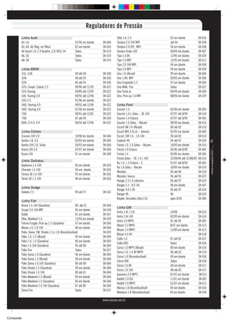 C      M   Y   CM   MY   CY CMY   K




                                                               Reguladores de Pressão
        Linha Audi                                                                 Stilo 1.8, 2.4                           02 em diante            SK 656
        A3 1.8                                       07/99 em diante     SK 604    Tempra 2.0 16V MPI                       até 94                  SK 658
        A3, A4, A6 (Reg. no Filtro)                  02 em diante        SK 635    Tempra 2.0 SPI , MPI                     94 em diante            SK 658
        A4 Avant 1.8, 2.4 Quattro, 2.8, RS4, S4      Todos               SK 619    Tempra Turbo 16V                         04/94 em diante         SK 607
        A6, S6                                       Todos               SK 619    Tipo 1.6 8V                              12/95 em diante         SK 629
        A8, S8                                       Todos               SK 619    Tipo 1.6 MPI                             12/95 em diante         SK 612
                                                                                   Tipo 2.0 16V MPI                         94 em diante            SK 658
        Linha BMW                                                                  Tipo 2.0 MPI                             94 em diante            SK 658
        316, 318i                                    90 até 94           SK 630    Uno 1.0 (Álcool)                         99 em diante            SK 604
        320i                                         90 até 95           SK 630    Uno 1.6R, MPI                            03/93 em diante         SK 606
        520i                                         85 até 95           SK 630    Uno Furgonete 1.5                        97 em diante            SK 604
        325i, Coupé, Cabrio 2.5                      09/90 até 12/95     SK 622    Uno Mille Fire                           Todos                   SK 637
        525i Touring                                 09/89 até 12/95     SK 622    Uno Turbo ie                             04/94 em diante         SK 606
        530, Touring 3.0                             09/92 até 12/96     SK 622    Uno, Pick-up 1.6 MPI                     08/94 em diante         SK 629
        535i 3.5                                     01/96 em diante     SK 622
        540i, Touring 4.0                            09/92 até 12/96     SK 622    Linha Ford
        540i, Touring 4.4                            01/96 em diante     SK 622    Courier 1.3                              05/96 em diante         SK 605
        730i                                         09/91 até 12/01     SK 622    Courier 1.4 L Zetec – SE 16V             07/97 até 8/99          SK 610
        750i                                         87 até 94           SK 630    Courier 1.6 Endura                       07/97 até 8/99          SK 605
        840i, Ci 4.0, 4.4                            04/93 até 12/96     SK 622    Courier 1.6 Zetec – Rocam                09/99 em diante         SK 610
                                                                                   Escort SW 1.6 (Álcool)                   00 até 02               SK 610
        Linha Citröen                                                              Escort XR3 2.0i LE – Jetronic            01/93 em diante         SK 609
        Erasion 16V 2.0                              10/98 em diante     SK 604    Escort, SW 1.6 , 1.8 16V                 96 até 02               SK 610
        Xantia 1.8, 3.0                              03/93 em diante     SK 604    Explorer V6                              94 até 97               SK 624   17
        Xantia 16V 2.0, Turbo                        03/93 em diante     SK 604    Fiesta 1.0, 1.6 Zetec – Rocam            10/99 em diante         SK 610
        Xsara 16V 2.0                                07/97 em diante     SK 604    Fiesta 1.0 Endura                        05/96 até 8/99          SK 605




                                                                                                                                                             Indústria de Autopeças Schuck
        Xsara 16V                                    01 em diante        SK 648    Fiesta 1.3                               05/96 em diante         SK 605
                                                                                   Fiesta Zetec – SE 1.4 L 16V              22/04/96 até 31/08/99   SK 610
        Linha Daihatsu
                                                                                   Ka 1.0, 1.3 Endura – E                   01/97 até 8/99          SK 605
        Applause 1.6 16V                             94 em diante        SK 626
                                                                                   Ka 1.0 Zetec – Rocam                     10/99 em diante         SK 610
        Charade 1.6 16V                              94 em diante        SK 626
                                                                                   Mondeo                                   96 até 00               SK 610
        Feroza SX 1.6 16V                            95 em diante        SK 626
                                                                                   Mondeo, Taurus                           94 até 95               SK 623
        Terios SX 1.3 16V                            98 em diante        SK 626
                                                                                   Ranger 2.3 L 4 cilindros                 94 até 97               SK 623
                                                                                   Ranger 2.5 , 4.0 6V                      98 em diante            SK 647
        Linha Dodge
                                                                                   Ranger 4.0 L V6                          94 até 97               SK 624
        Dakota 2.5                                   90 até 97           SK 632
                                                                                   Ranger V6                                98                      SK 624
                                                                                   Royale, Versailles Ghia 2.0i             após 8/93               SK 609
        Linha Fiat
        Brava 1.6 16V (Gasolina)                       00 até 01         SK 604
                                                                                   Linha GM
        Coupé 2.0 16V MPI                              95 em diante      SK 658
                                                                                   Astra 1.8i / 2.0i                        10/98                   SK 616
        Doblo                                          01 em diante      SK 637
                                                                                   Astra 2.0i 16V                           02/99 em diante         SK 616
        Elba, Weekend 1.6                              12/95 em diante   SK 629
                                                                                   Astra 2.0 MPFI                           92 até 96               SK 607
        Fiorino Furgão, Pick-up 1.5 (Gasolina)         97 em diante      SK 604
                                                                                   Blazer 2.2 MPFI                          8/97 em diante          SK 613
        Marea 1.6, 2.0 16V                             00 em diante      SK 604
                                                                                   Blazer 2.4 MPFI                          12/00 em diante         SK 613
        Palio, Siena, SW, Strada 1.3 e 1.8 (Bicombustível)               SK 659
                                                                                   Blazer 4.3 V6                                                    SK 618
        Palio 1.0, 1.5 (Álcool)                        99 em diante      SK 604
                                                                                   Celta 1.0                                01 até 02               SK 637
        Palio 1.0, 1.5 (Gasolina)                      96 em diante      SK 604
                                                                                   Celta VHC                                Todos                   SK 656
        Palio 1.6 16V (Gasolina)                       96 até 00         SK 604
                                                                                   Corsa 1.0 MPFI (Álcool)                  00 em diante            SK 610
        Palio Fire                                     Todos             SK 637
                                                                                   Corsa 1.0, 1.6 8V MPFI                   96 até 02               SK 614
        Palio Siena 1.0 (Gasolina)                     96 em diante      SK 604
                                                                                   Corsa 1.8 (Bicombustível)                04 em diante            SK 656
        Palio Siena 1.5 (Álcool)                       99 em diante      SK 604
                                                                                   Corsa VHC                                Todos                   SK 656
        Palio Siena 1.6 16V (Gasolina)                 98 até 00         SK 604
                                                                                   Corsa 1.0 8V                             00 em diante            SK 617
        Palio Strada 1.5 (Gasolina)                    99 em diante      SK 604
                                                                                   Corsa 1.0 16V                            00 até 02               SK 617
        Palio Strada 1.6 16V                           00 até 01         SK 604
                                                                                   Ipanema 2.0 MPFI                         01/97 em diante         SK 612
        Palio Weekend 1.5 (Álcool)                     99 em diante      SK 604
                                                                                   Kadett 2.0 GSi                           11/91 em diante         SK 607
        Palio Weekend 1.5 (Gasolina)                   96 em diante      SK 604
                                                                                   Kadett 2.0 MPFI                          01/97 em diante         SK 612
        Palio Weekend 1.6 16V (Gasolina)               97 até 00         SK 604
                                                                                   Meriva 1.8 (Bicombustível)               04 em diante            SK 656
        Siena Fire                                     Todos             SK 637
                                                                                   Montana 1.8 (Bicombustível)              04 em diante            SK 656

                                                                         www.schuck.com.br




Composite
 