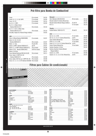 C     M      Y    CM    MY     CY CMY         K




                                                                                 Pré-filtro para Bomba de Combustível

                                    Fiesta                                          02 em diante      SK 320     Renault
                                    Fiesta 1.0, 1.3, 1.4 16V MPFI                   97 em diante      SK 309     Clio II (Bomba 8.200.058.0355)                                 00 em diante   SK 314
                                    Focus 1.8, 2.0                                  01 em diante      SK 316     Renault modelo 95 Sistema Marwal Gas.                                         SK 302
                                    Ka 1.0, 1.3 MPFI                                97 em diante      SK 309     Renault Sistema Marwal (flange metálico)                       93 até 94      SK 303
                                    Ka 1.0, 1.3, Motor Endura                                                    R19 1.6                                                        97 em diante   SK 318
                                      (Bomba 0580.453.477)                          96 em diante      SK 318
                                    Ka 1.0, 1.4 16V 1.6 Motor Zetec                                              Toyota
                                      (Bomba 0580.453.477)                          99 em diante      SK 318     Corolla (Bomba 0580.453.477)                                   98 até 02      SK 318
                                    Versailles, Royale Sist. Marwal (flange metálico)                 SK 303
                                                                                                                 VW
                                    GM                                                                           Gol 1.0, 1.6, 1.8 MI                                           97 em diante   SK 308
                                    Astra 1.8 Álcool (Bomba 0580454008)             01 em diante      SK 307     Gol 1.0, 1.6, 1.8, 2.0 Sistema Marwal Gas.                     até 96         SK 302
                                    Astra 1.8, 2.0i, 2.0i 16V                                                    Logus Sistema Marwal Gas.                                      95 em diante   SK 302
                                     (Bomba 0580453471)                             98 em diante      SK 307     Parati 1.6, 1.8, 2.0 MI                                        97 em diante   SK 308
                                    Blazer 2.2 Gas.                                 95 até 5/98       SK 305     Parati 1.0, 1.6, 1.8, 2.0 Sistema Marwal Gas.                  até 96         SK 302
                                    Blazer 2.2 MPFI ( Bomba 0580453477)             até 99            SK 307     Pointer Sistema Marwal Gas.                                    95 em diante   SK 302
                                    Blazer 2.2, 2.4 MPFI (Bomba 0580453471)         99 em diante      SK 308     Santana, Quantum 1.8i Gas.                                                    SK 302
                                    Blazer 4.3 V6 (Bomba 0580453481)                03/99 em diante   SK 308     Santana, Quantum Sistema Marwal
                                    Blazer 4.3 V6 Gas.                                                SK 312       (flange metálico)                                                           SK 303
                                    Corsa (Bomba Rochester/VDO 644.36.00)           94 em diante      SK 311     Saveiro 1.6, 1.8 MI                                            97 em diante   SK 308
                                    Corsa, Sedan 1.0 MPFI 8V, 16V                                                Saveiro 1.0, 1.6, 1.8, 2.0 Sist. Marwal Gas.                   até 96         SK 302
                                      (Bomba 0580453471)                            99 em diante      SK 308
       8                            Corsa, Sedan, SW, Pick-up 1.6 MPFI 8V, 16V      99 em diante      SK 308
                                    Corsa 1.0, 1.3, 1.4, 1.6 EFI (Bomba 6443600)    96 em diante      SK 306
    Indústria de Autopeças Schuck




                                                                               Filtros para Cabine (Ar-condicionado)




                                    ALFA ROMEO                                                                   FIAT
                                    145, 146, 155                          95 até 00                   SK 401    Brava                                                Todos                     SK 402
                                    156                                    97 em diante                SK 402    Coupé                                                94 em diante              SK 401
                                    Spider                                 95 em diante                SK 401    Doblo                                                01 em diante              SK 407
                                                                                                                 Ducato                                               94 em diante              SK 403
                                    AUDI                                                                         Idea                                                 Todos                     SK 405
                                    A3                                     Até 06                      SK 415    Línea                                                Todos                     SK 907
                                    A3 Sport Back                          2007 em diante              SK 493    Marea                                                Todos                     SK 402
                                    A4 80/90                               até 10/01                   SK 418    Palio                                                96 até 98                 SK 404
                                    A4 modelo novo                         11/01 em diante             SK 465    Palio Fire / Weekend / Siena e Strada                01 em diante              SK 405
                                    A6                                     05/97 em diante             SK 462    Palio 1.5 álcool / Weekend / Siena e Strada          99 em diante              SK 406
                                    A6                                     94 até 04/97                SK 463    Palio (Filtro Tela) / Weekend / Siena e Strada       07/98 até 00              SK 406
                                                                                                                 Punto                                                Todos                     SK 907
                                    BMW                                                                          Stilo                                                10/01 em diante           SK 408
                                    E 36 - 316, 318, 320, 323, 325, 328                                          Tipo                                                 87 até 95                 SK 401
                                    (menos Compacta)                       92 até 98                   SK 446    Tempra                                               90 até 97                 SK 401
                                    E 39 – 525, 528, 530, 540              96 até 03                   SK 448
                                    E 46 – 320, 323, 325, 328, 330         98 em diante                SK 447    FORD
                                    X5                                     99 em diante                SK 449    Courrier                                             97 em diante              SK 409
                                                                                                                 Eco Sport                                            92 em diante              SK 412
                                    CITRÖEN                                                                      Fiesta                                               96 até 01                 SK 409
                                    Berlingo                               96 em diante                SK 427    Fiesta (Novo)                                        02 em diante              SK 412
                                    C3 1.4 8V, 1.6 16V                     03 em diante                SK 445    Focus                                                98 até 08                 SK 411
                                    C4                                     03 em diante                SK 445    Fusion                                               06 em diante              SK 412
                                    Picasso                                Todos                       SK 428    Ka                                                   96 em diante              SK 409
                                    Xantia                                 93 em diante                SK 427    Mondeo                                               93 até 00                 SK 410
                                    Xsara                                  até 00                      SK 427    Mondeo                                               01 em diante              SK 413
                                    Xsara                                  01 em diante                SK 429    Taurus                                               Todos                     SK 908
                                                                                                                 Versailles                                           92 em diante              SK 910




                                                                                                      www.schuck.com.br




Composite
 