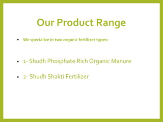 Our Product Range
• We specialize in two organic fertilizer types:
• 1- Shudh Phosphate Rich Organic Manure
• 2- Shudh Shakti Fertilizer
 