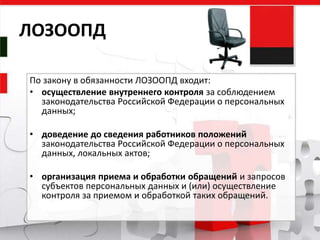 По закону в обязанности ЛОЗООПД входит:
• осуществление внутреннего контроля за соблюдением
законодательства Российской Федерации о персональных
данных;
• доведение до сведения работников положений
законодательства Российской Федерации о персональных
данных, локальных актов;
• организация приема и обработки обращений и запросов
субъектов персональных данных и (или) осуществление
контроля за приемом и обработкой таких обращений.
ЛОЗООПД
 