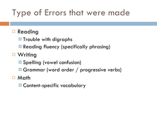 Type of Errors that were made Reading Trouble with digraphs  Reading fluency (specifically phrasing) Writing Spelling (vowel confusion) Grammar (word order / progressive verbs) Math Content-specific vocabulary 