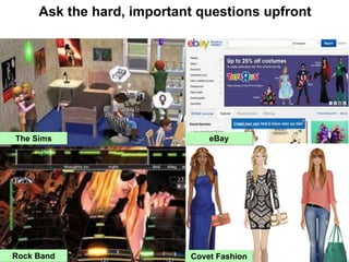 Ask the hard, important questions upfront
Rock Band
The Sims
Covet Fashion
eBay
 