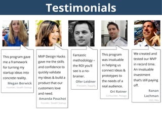 Testimonials from startup founders
This program gave
me a framework
for turning my
startup ideas into
concrete reality.
Me...