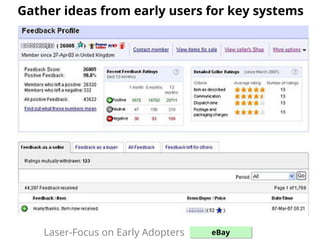 Gather ideas from early users for key systems
Laser-Focus on Early Adopters: eBay
 