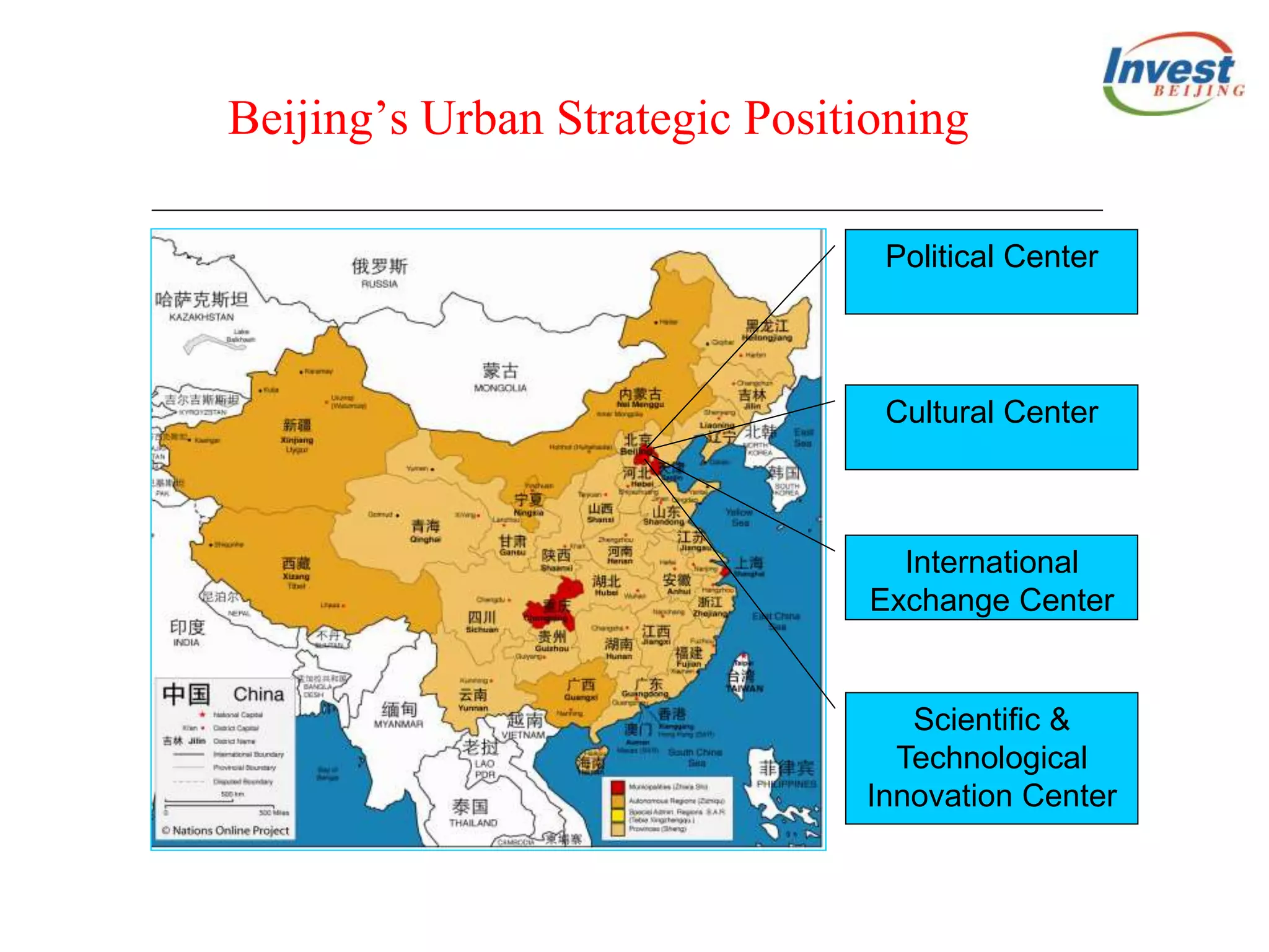 Beijing’s Urban Strategic Positioning
Political Center
Cultural Center
International
Exchange Center
Scientific &
Technological
Innovation Center
 