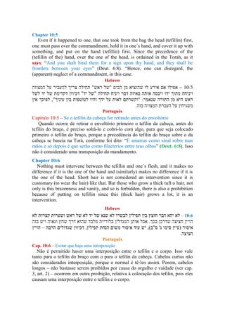 Chapter 10:5
Even if it happened to one, that one took from the bag the head (tefillin) first,
one must pass over the commandment, hold it in one´s hand, and cover it up with
something, and put on the hand (tefillin) first. Since the precedence of the
(tefillin of the) hand, over the one of the head, is ordained in the Torah, as it
says: “And you shalt bind them for a sign upon thy hand, and they shall be
frontlets between your eyes” (Deut. 6:8). “Hence, one can disregard, the
(apparent) neglect of a commandment, in this case.
Hebrew
–
Português
Capitulo 10:5 – Se o tefilin da cabeça for retirado antes do envoltório
Quando ocorre de retirar o envoltório primeiro o tefilin da cabeça, antes do
tefilin do braço, é preciso soltá-lo e cobri-lo com algo, para que seja colocado
primeiro o tefilin do braço, porque a precedência do tefilin do braço sobre o da
cabeça se baseia na Torá, conforme foi dito: “E amarras como sinal sobre tuas
mãos e só depois é que serão como filacterios entre teus olhos” (Deut. 6:8). Isso
não é considerado uma transposição do mandamento.
Chapter 10:6
Nothing must intervene between the tefillin and one´s flesh, and it makes no
difference if it is the one of the hand and (similarly) makes no difference if it is
the one of the head. Short hair is not considered an intervention since it is
customary (to wear the hair) like that. But those who grow a thick tuft o hair, not
only is this brazenness and vanity, and so is forbidden, there is also a prohibition
because of putting on tefillin since this (thick hair) grows a lot, it is an
intervention.
Hebrew
–
–
Português
Cap. 10:6 – Evitar que haja uma interposição
Não é permitido haver uma interposição entre o tefilin e o corpo. Isso vale
tanto para o tefilin do braço com o para o tefilin da cabeça. Cabelos curtos não
são considerados interposição, porque o normal é tê-los assim. Porem, cabelos
longos – não bastasse serem proibidos por causa do orgulho e vaidade (ver cap.
3, art. 2) – ocorrem em outra proibição, relativa à colocação dos tefilin, pois eles
causam uma interposição entre o tefilin e o corpo.
 
