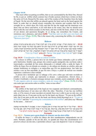 Chapter 10:10
One must reflect on putting on tefillin, that we are commanded by the Holy One, blessed
be He, to put on tefillin which contrain four (Torah) sections which have written on them
the unity (of G-d), blessed be His name, and of the exodus (of the Israelites from the land)
of Egypt. On the arm (the tefillin are placed) against the heart and on the heard against the
brain, in order that we should always remember the miracles and wonders that He has
wrought for us, which show His Unity and that He has the might and the dominion over
those who are above and below, to do with them as He wants; also, that we should serve
Him (with) the soul which (resides) in the brain, and also (with) the heart, which is the seat
of our desires and (passions) thoughts. In so doing, one remembers the Creator, and
minimizes one´s pleasures, and (also) fulfill: “And that seek not after your own heart and
your own eyes” (Num. 15:39). This is the reason why, concerning the tefillin, it is written,
“Between your eyes”.
Hebrew
–
Português
Cap. 10:10 – Considerações a fazer ao colocar os tefilin
Ao colocar os tefilin, a pessoa deve ter em mente que fomos ordenados a pôr os tefilin
pelo Santíssimo, bendito seja, porque eles contem quatro parágrafos das escrituras onde é
mencionada a unicidade de Seu nome abençoado e é relatado sobre a saída do Egito. O
tefilin do braço fica em direção ao coração e o da cabeça em direção ao cérebro, para que
sempre lembremos os milagres e as maravilhas que Ele nos proporcionou. Isto tudo nos
orienta a crer na Sua unicidade, já que Ele tem a força e o poder de realizar nos mundos
superiores e inferiores à Sua vontade.
A pessoa deve mentalizar que se subjuga a Ele com a alma que está mais revelada no
cérebro e com o coração, que representa os desejos e pensamentos. Através disso, o
Criador é lembrado e o homem consegue atenuar suas vontades, assim cumprindo o dito de:
“E não seguires atrás de vossos corações e atrás de vossos olhos” (Num. 15:39). E é Poe
esta razão que está escrito sobre os tefilin; “entre os teus olhos”.
Chapter 10:11
The tefillin of the hand and of the head are two (separate and distinct) commandments,
and non-observance of one does not effect the other. Therefore, if one has one (tefillin)
only, or if by reason of some (accident or) outside force one is able to put on only one, one
putts (that) one on. If one puts on the one for the hand, one blesses: “To put on the tefillin”
only; but if one puts on the one for the head, one blesses (both blessings) on it: “To put on
the tefillin” and also “Concerning the commandment of the tefillin”; and (also) say “Blessed
be the name… And ever”.
Hebrew
–
Português
Cap. 10:11 – Normas para quem dispõe de somente um dos dois tefilin
O tefilin do braço e o tefilin da cabeça são dois mandamentos independentes um do
outro. Portanto, quando só há um dos dois, ou quando por força das circunstancias só é
possível colocar um dos dois, é permitido colocar o que está disponível. Caso só coloque o
 