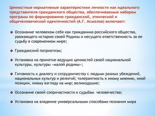 Ценностные нормативные характеристики личности как идеального 
представителя гражданского общества, обеспечиваемые набором 
программ по формированию гражданской, этнической и 
общечеловеческой идентичностей (А.Г. Асмолов) включают: 
Осознание человеком себя как гражданина российского общества, 
уважающего историю своей Родины и несущего ответственность за ее 
судьбу в современном мире; 
Гражданский патриотизм; 
Установка на принятие ведущих ценностей своей национальной 
культуры, культуры «малой родины»; 
Готовность к диалогу и сотрудничеству с людьми разных убеждений, 
национальных культур и религий; толерантность к иному мнению, иной 
позиции, иному взгляду на мир; великодушие; 
Осознание своей сопричастности к судьбам человечества; 
Установка на владение универсальными способами познания мира 
 