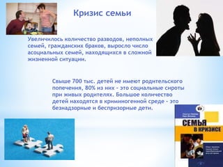 Кризис семьи 
Увеличилось количество разводов, неполных 
семей, гражданских браков, выросло число 
асоциальных семей, находящихся в сложной 
жизненной ситуации. 
Свыше 700 тыс. детей не имеют родительского 
попечения, 80% из них – это социальные сироты 
при живых родителях. Большое количество 
детей находятся в криминогенной среде – это 
безнадзорные и беспризорные дети. 
 
