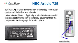 725.121(A)(4) Listed information technology (computer)
equipment limited-power circuits.
Informational Note: …Typically such circuits are used to
interconnect information technology equipment for the
purpose of exchanging information (data).
 