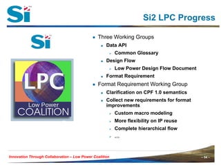Si2 LPC Progress

                                            ● Three Working Groups
                                                    Data API
                                                         Common Glossary
                                                    Design Flow
                                                         Low Power Design Flow Document
                                                    Format Requirement
                                            ● Format Requirement Working Group
                                                    Clarification on CPF 1.0 semantics
                                                    Collect new requirements for format
                                                    improvements
                                                         Custom macro modeling
                                                         More flexibility on IP reuse
                                                         Complete hierarchical flow
                                                         …



Innovation Through Collaboration – Low Power Coalition                                    – 54 –
 