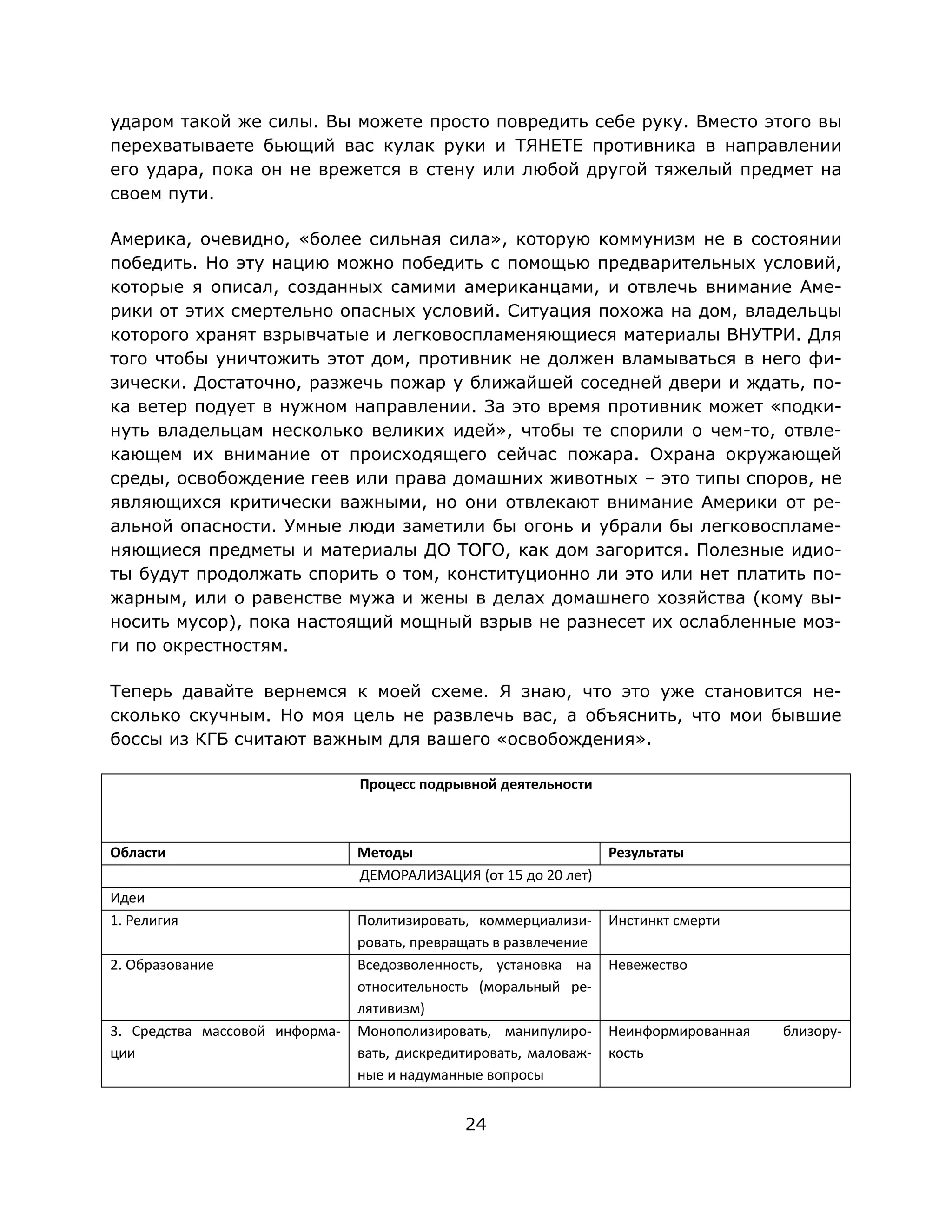 24
ударом такой же силы. Вы можете просто повредить себе руку. Вместо этого вы
перехватываете бьющий вас кулак руки и ТЯНЕТЕ противника в направлении
его удара, пока он не врежется в стену или любой другой тяжелый предмет на
своем пути.
Америка, очевидно, «более сильная сила», которую коммунизм не в состоянии
победить. Но эту нацию можно победить с помощью предварительных условий,
которые я описал, созданных самими американцами, и отвлечь внимание Аме-
рики от этих смертельно опасных условий. Ситуация похожа на дом, владельцы
которого хранят взрывчатые и легковоспламеняющиеся материалы ВНУТРИ. Для
того чтобы уничтожить этот дом, противник не должен вламываться в него фи-
зически. Достаточно, разжечь пожар у ближайшей соседней двери и ждать, по-
ка ветер подует в нужном направлении. За это время противник может «подки-
нуть владельцам несколько великих идей», чтобы те спорили о чем-то, отвле-
кающем их внимание от происходящего сейчас пожара. Охрана окружающей
среды, освобождение геев или права домашних животных – это типы споров, не
являющихся критически важными, но они отвлекают внимание Америки от ре-
альной опасности. Умные люди заметили бы огонь и убрали бы легковоспламе-
няющиеся предметы и материалы ДО ТОГО, как дом загорится. Полезные идио-
ты будут продолжать спорить о том, конституционно ли это или нет платить по-
жарным, или о равенстве мужа и жены в делах домашнего хозяйства (кому вы-
носить мусор), пока настоящий мощный взрыв не разнесет их ослабленные моз-
ги по окрестностям.
Теперь давайте вернемся к моей схеме. Я знаю, что это уже становится не-
сколько скучным. Но моя цель не развлечь вас, а объяснить, что мои бывшие
боссы из КГБ считают важным для вашего «освобождения».
Процесс подрывной деятельности
Области Методы Результаты
ДЕМОРАЛИЗАЦИЯ (от 15 до 20 лет)
Идеи
1. Религия Политизировать, коммерциализи-
ровать, превращать в развлечение
Инстинкт смерти
2. Образование Вседозволенность, установка на
относительность (моральный ре-
лятивизм)
Невежество
3. Средства массовой информа-
ции
Монополизировать, манипулиро-
вать, дискредитировать, маловаж-
ные и надуманные вопросы
Неинформированная близору-
кость
 